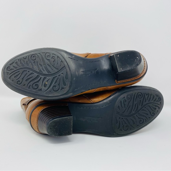 EARTH ODYSSEY 7B Heeled Ankle Booties Almond Tan Brown Leather Buckle Boho Y2K - Picture 7 of 16
